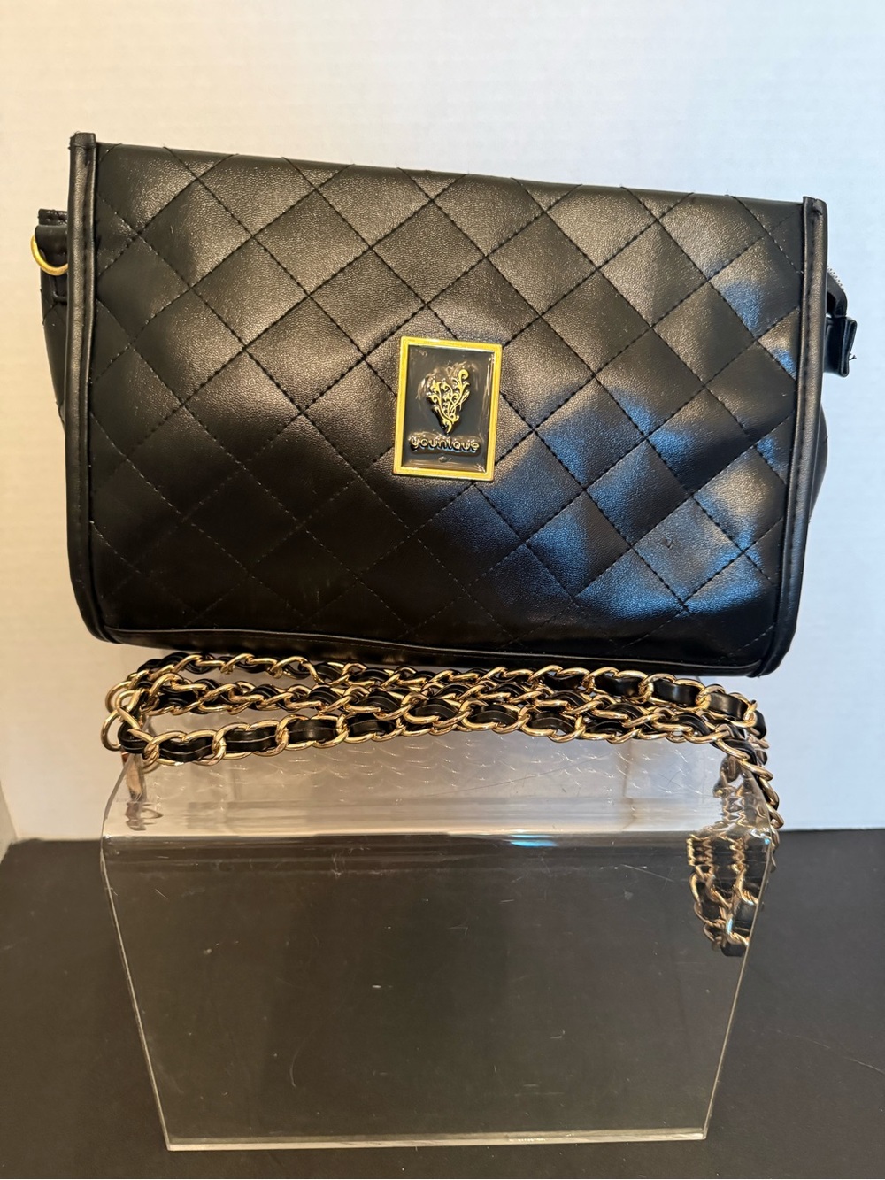 Younique Black Faux Lesther Quilted Crossbody with Gold Chain